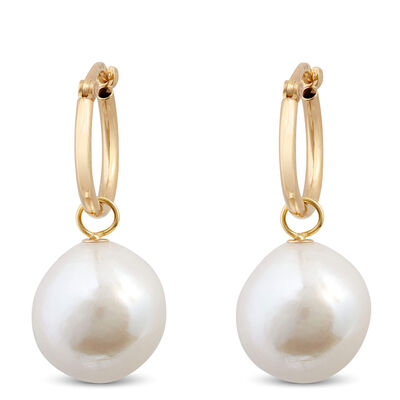12MM Cultured Baroque Freshwater Pearl Hoop Earrings, 14K Yellow Gold