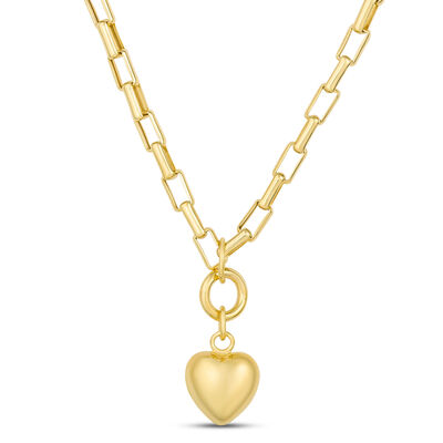 Toscano 18-Inch Puffed Heart Pendant on rectangle Link Chain, 14K Yellow Gold