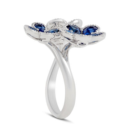 Sapphire & Diamond Flower Ring 14K, White Gold