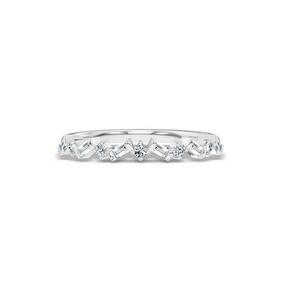 Classic Round and Baguette Diamond Band, 1/7 Carat Total Weight, 14K White Gold Size 6.5