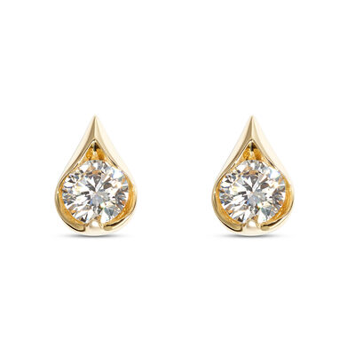 Modern Round Diamond Stud Earrings, 1 Carat Total Weight, 14K Yellow Gold