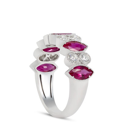 Marquise Diamond and Ruby Ring, 14K White Gold Size 7