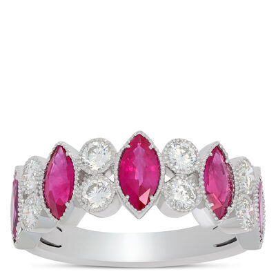 Marquise Diamond and Ruby Ring, 14K White Gold Size 7