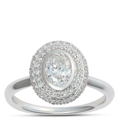 Oval Diamond Engagement Ring with Double Halo, 14K White Gold