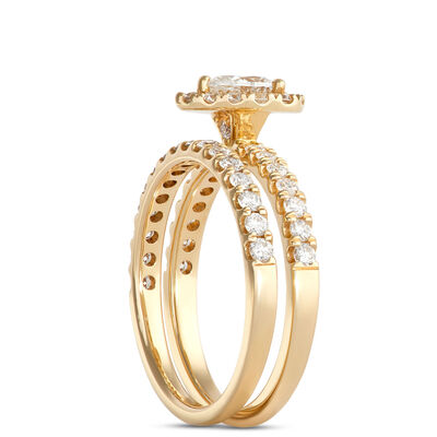 Pear Shaped Halo Diamond Bridal Set, 14K Yellow Gold