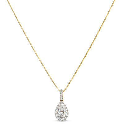 Elegant 1-Inch Pear Shaped Diamond Pendant Necklace with Round Diamond Halo, &frac12; Carat Total Weight, 14K White and Yellow Gold