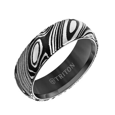 TRITON Contemporary Comfort Fit Band in Black Tungsten & Damascus Steel, 7 mm&nbsp;