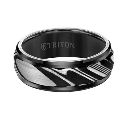 TRITON Contemporary Comfort Fit Band Tungsten and Damascus Steel, 8MM
