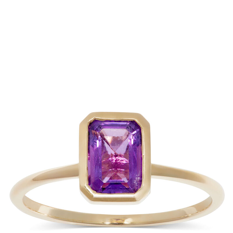 Bezel Set Emerald Cut Amethyst Ring 14K image number 0