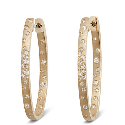 23MM Oval Hoop Confetti Diamond and Gold Earrings, 14K Yellow Gold