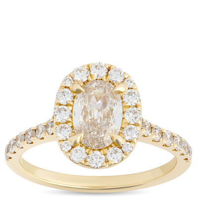 Oval Diamond Ring with Round Diamond Halo, 1 ⅓ Carat Total Weight, 14K Yellow Gold
