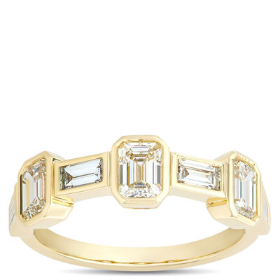 Emerald Cut and Baguette Diamond Anniversary Ring, 1.5 Carat Total Weight, 14K Yellow Gold