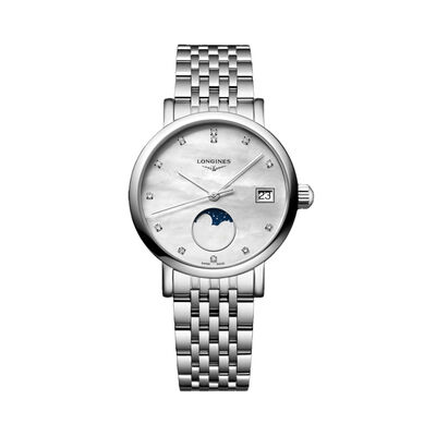 Longines Elegant Collection Moon Phase White Mother-of-Pearl Dial Watch, 30mm