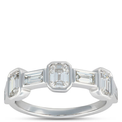 Emerald Cut and Baguette Diamond Anniversary Ring, 1.5 Carat Total Weight, 14K White Gold
