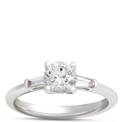 Round Diamond and Baguette Engagement Ring, 14K White Gold