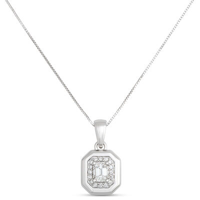 Elegant 18-Inch Pendant Necklace with Emerald Cut and Round Diamonds, &frac12; Carat Total Weight, 14K White Gold
