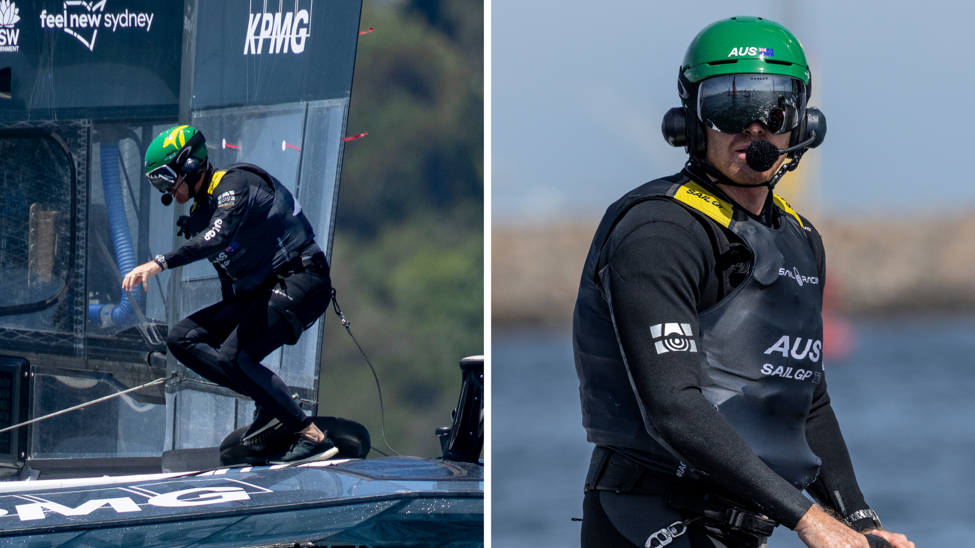 Catamaran skipper Tom Slingsby wearing black racing gear and a green helmet with darkly tinted goggles. 