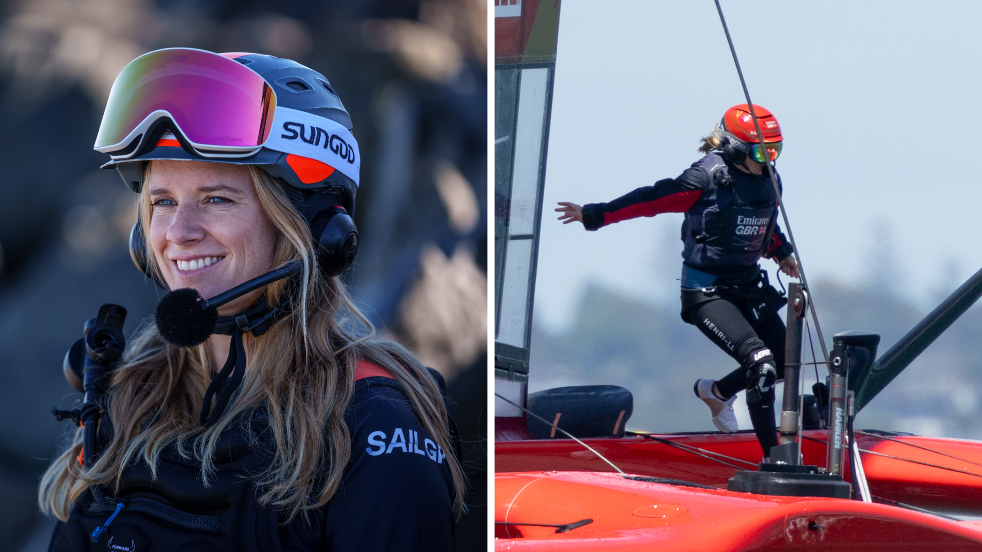 Catamaran skipper Hanna Mills smiling while wearing a helmet with goggles attached 