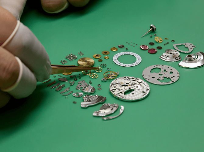 Watch components laid out flat on a surface