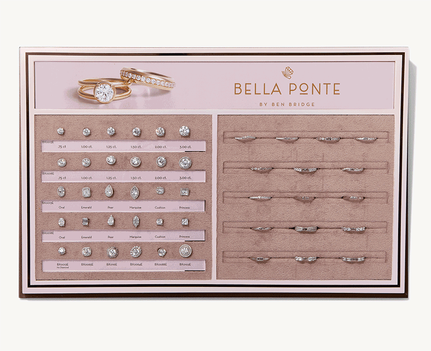 The Ben Bridge ring builder tool showing a variety of settings, precious metals and diamond shapes and sizes.