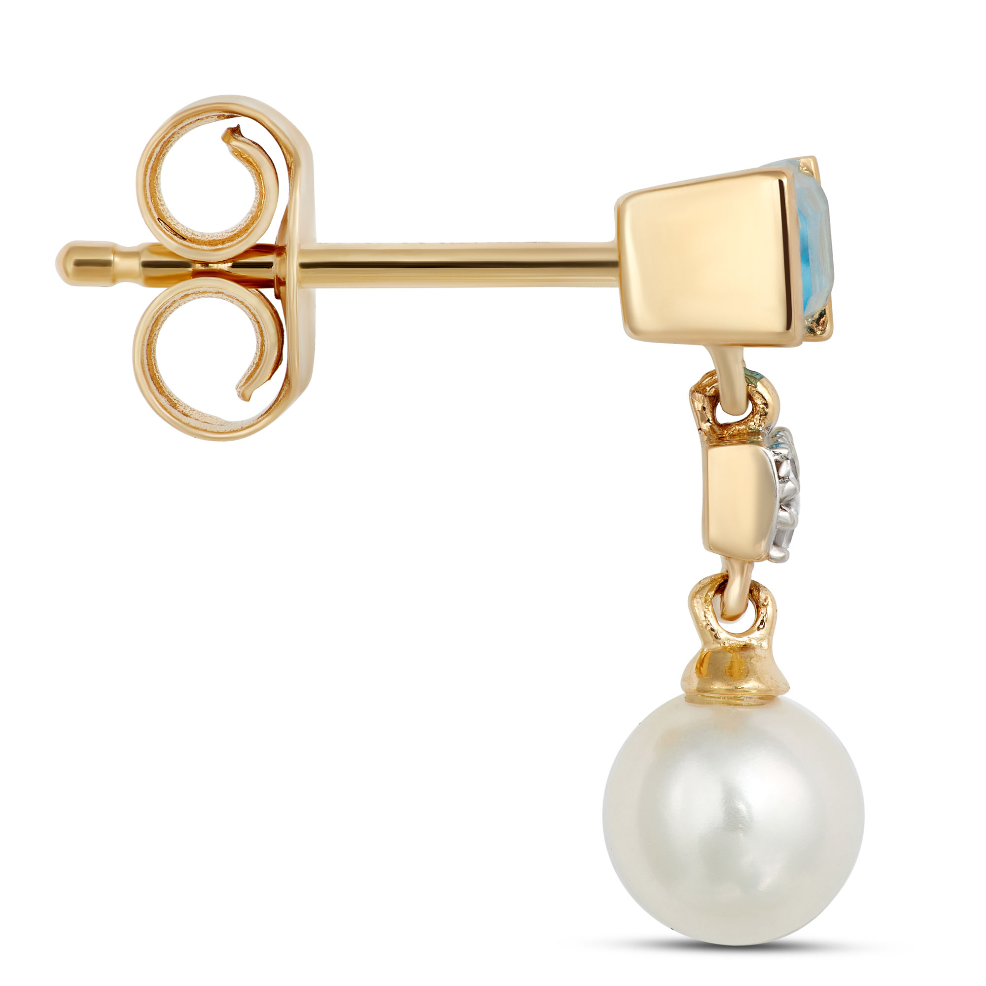 Pearl, Blue Topaz and Diamond Earrings, 14K Yellow Gold