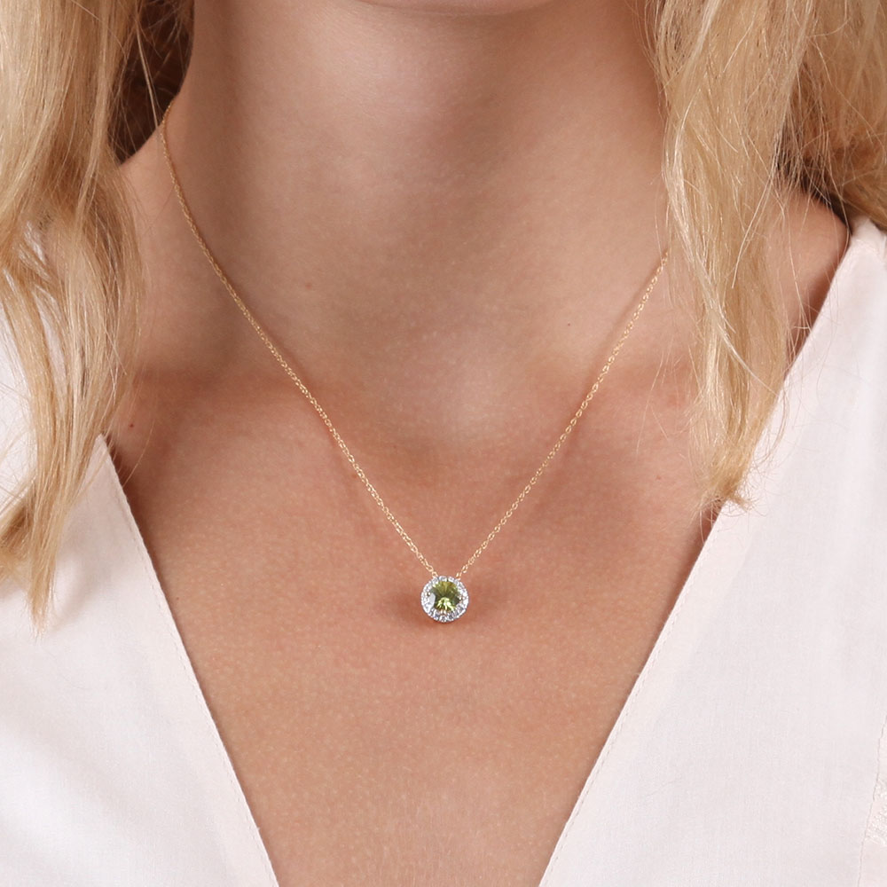 Sphene & Diamond Halo Pendant 14K