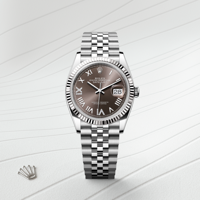 rolex datejust in white rolesor - combination of oystersteel and white gold, m126234-0071 - watch with background color - ben bridge