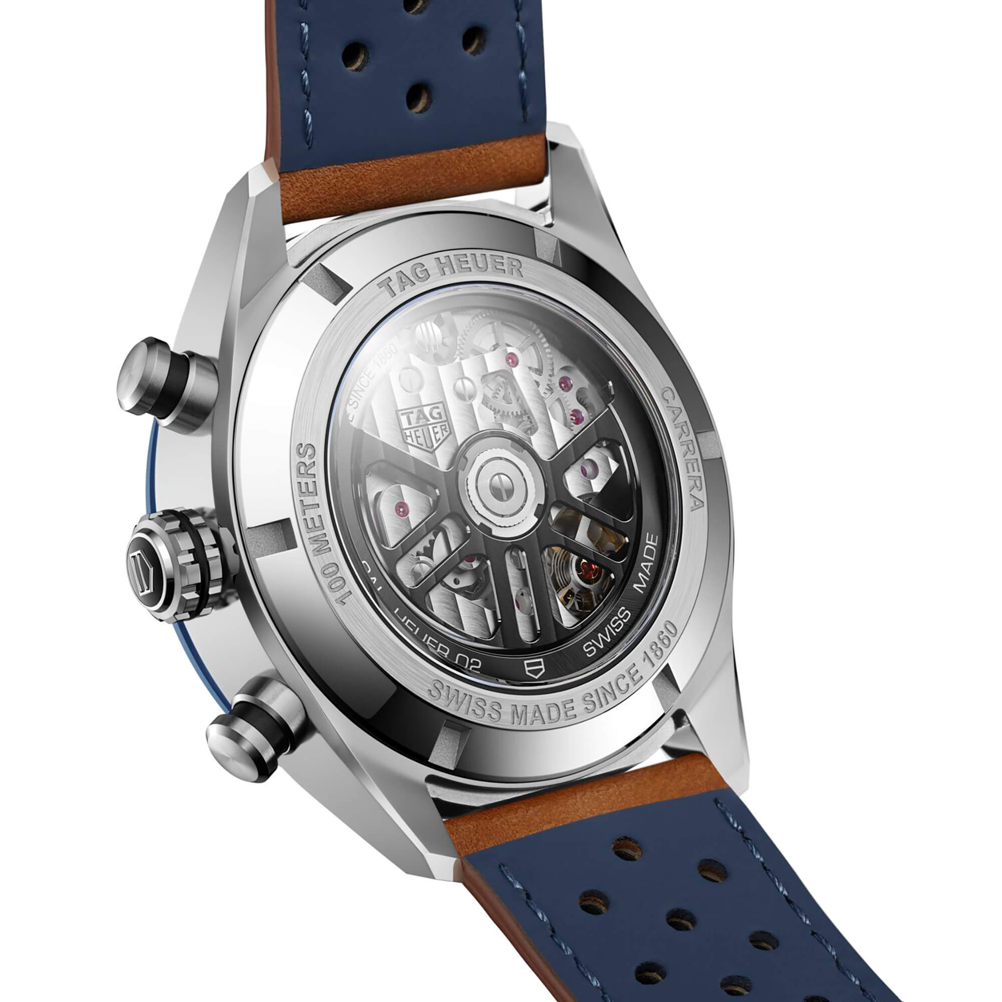 TAG Heuer Carrera Chronograph Watch Blue Dial Brown Leather Strap, 44mm