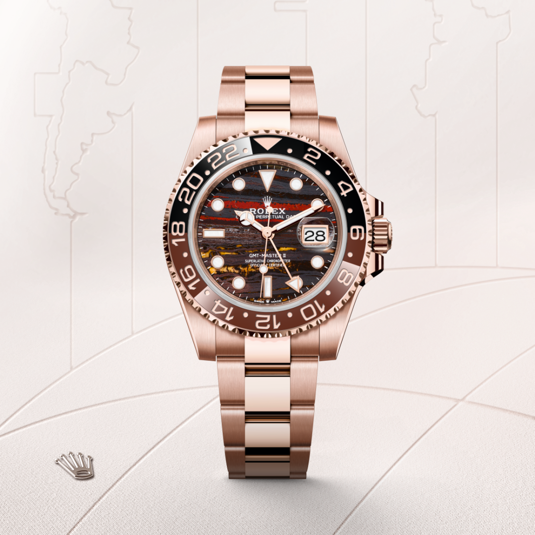 rolex gmt-master ii in 18 ct everose gold, m126715chnr-0002 - watch with background color - ben bridge