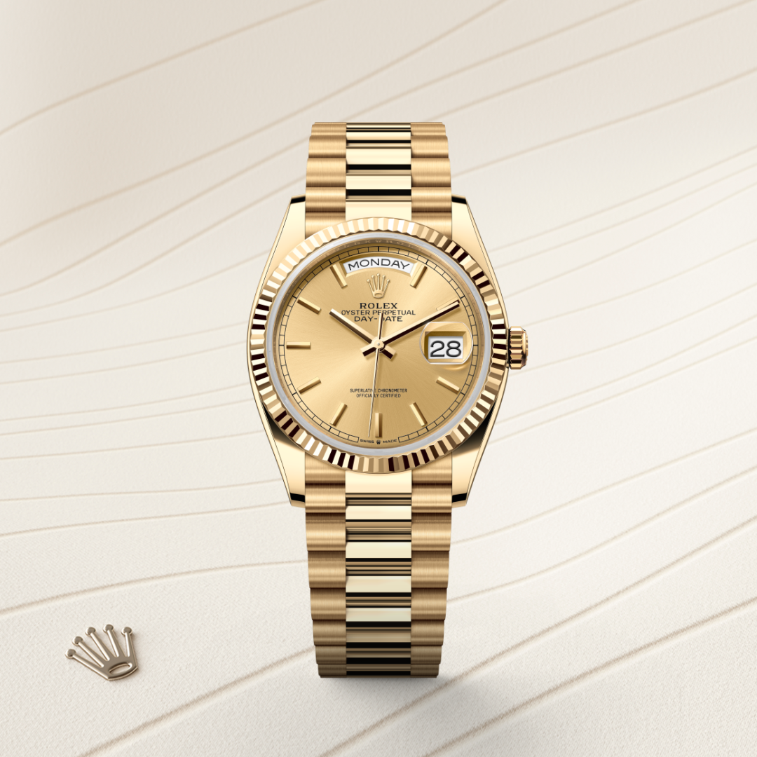 rolex day-date in 18 ct yellow gold, m128238-0045 - watch with background color - ben bridge