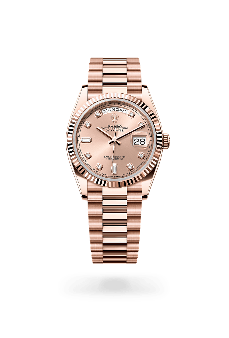 rolex day-date in 18 ct everose gold, m128235-0009 - ben bridge