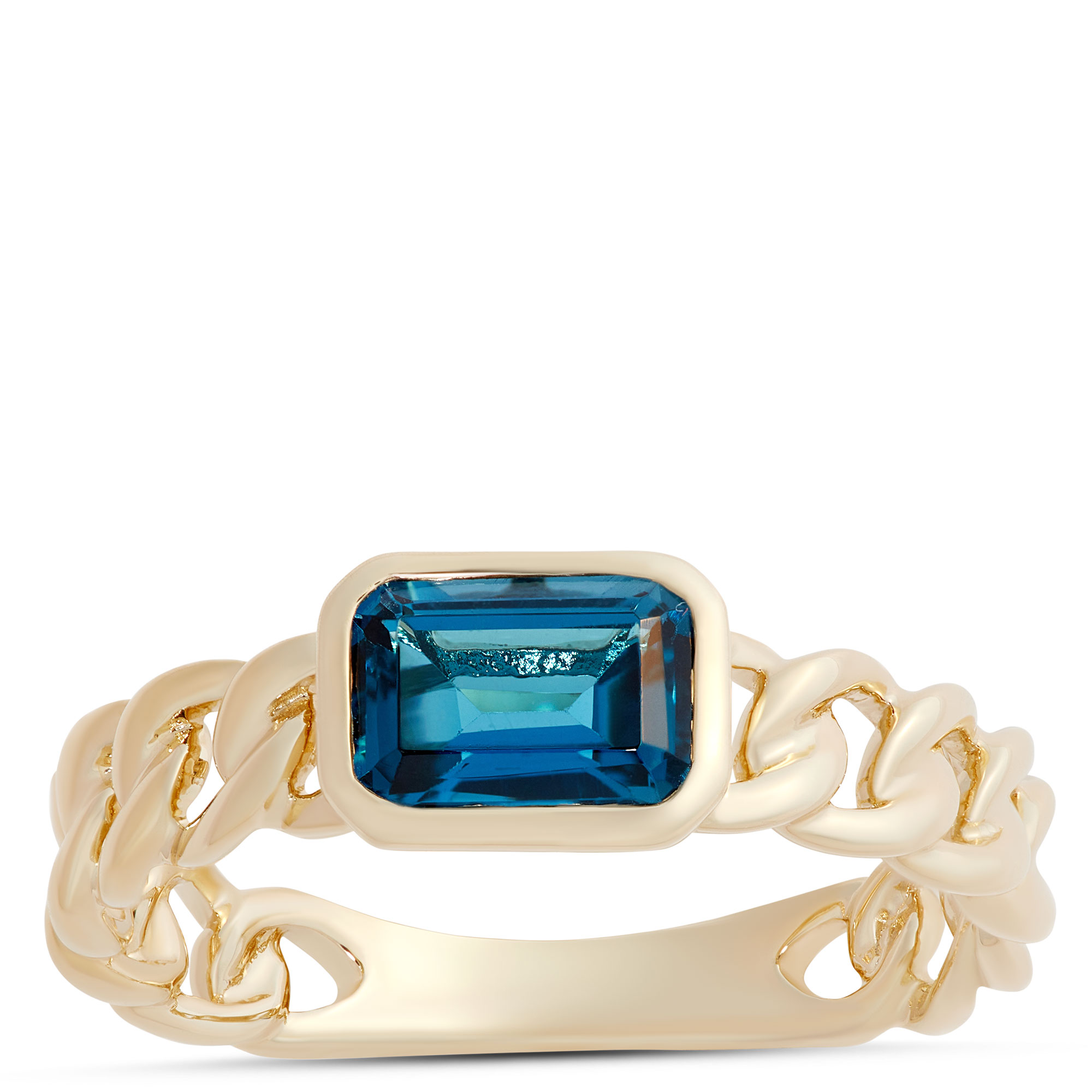 Emerald Cut Blue Tourmaline Linked Shank Ring, 14K Yellow Gold