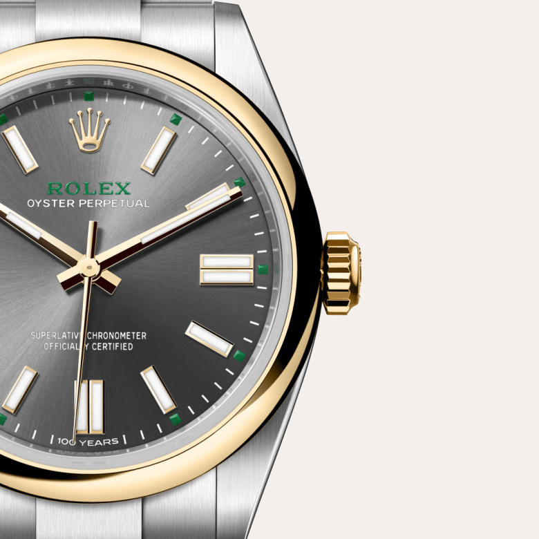 rolex oyster perpetual in yellow rolesor - combination of oystersteel and yellow gold, m134303-0001 - watch dial - ben bridge