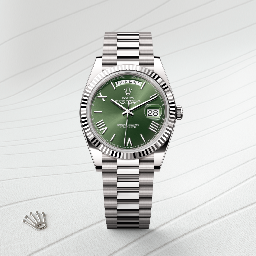 rolex day-date in 18 ct white gold, m228239-0033 - watch with background color - ben bridge