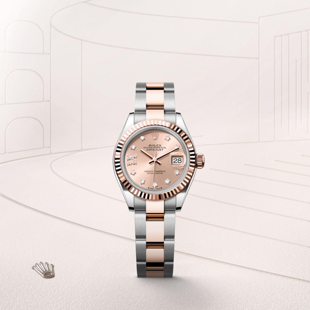 rolex lady-datejust in everose rolesor - combination of oystersteel and everose gold, m279171-0028 - watch with background color - ben bridge