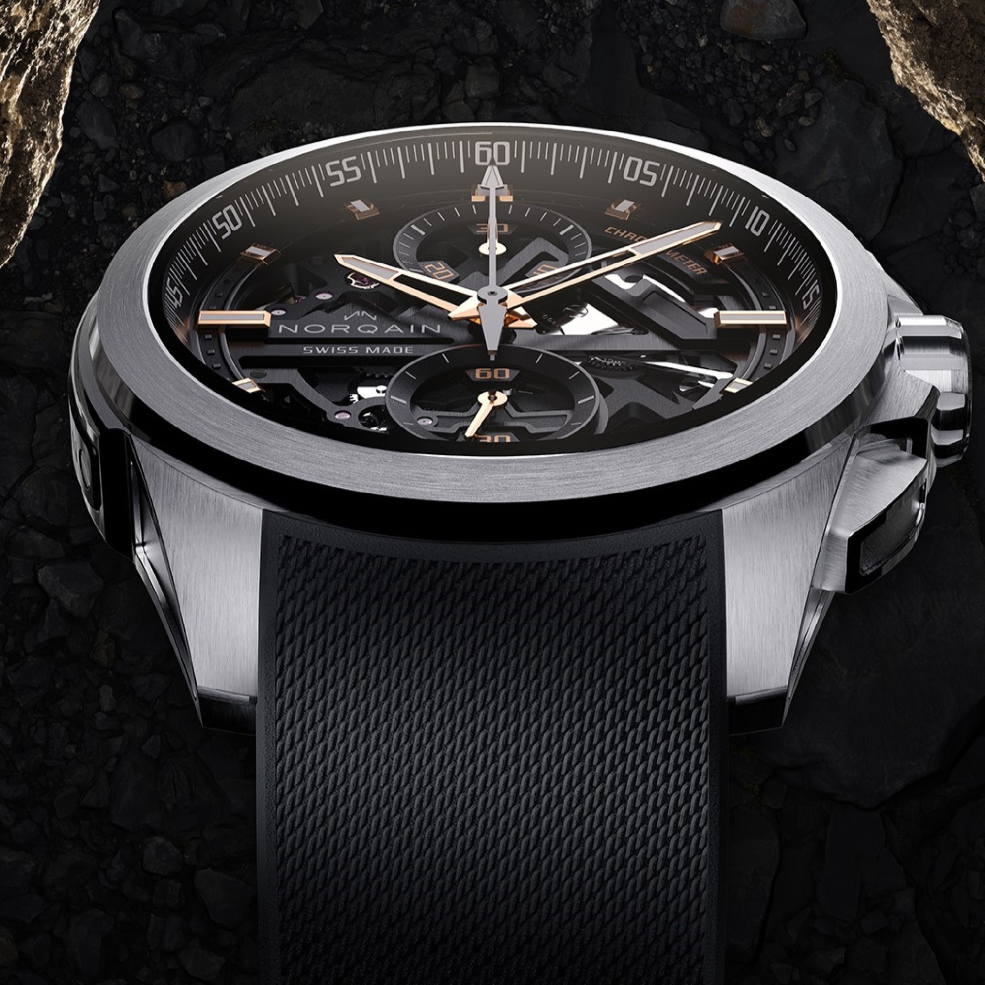 NORQAIN Independence Skeleton Dial Chrono Black Rubber Strap Watch, 42 mm