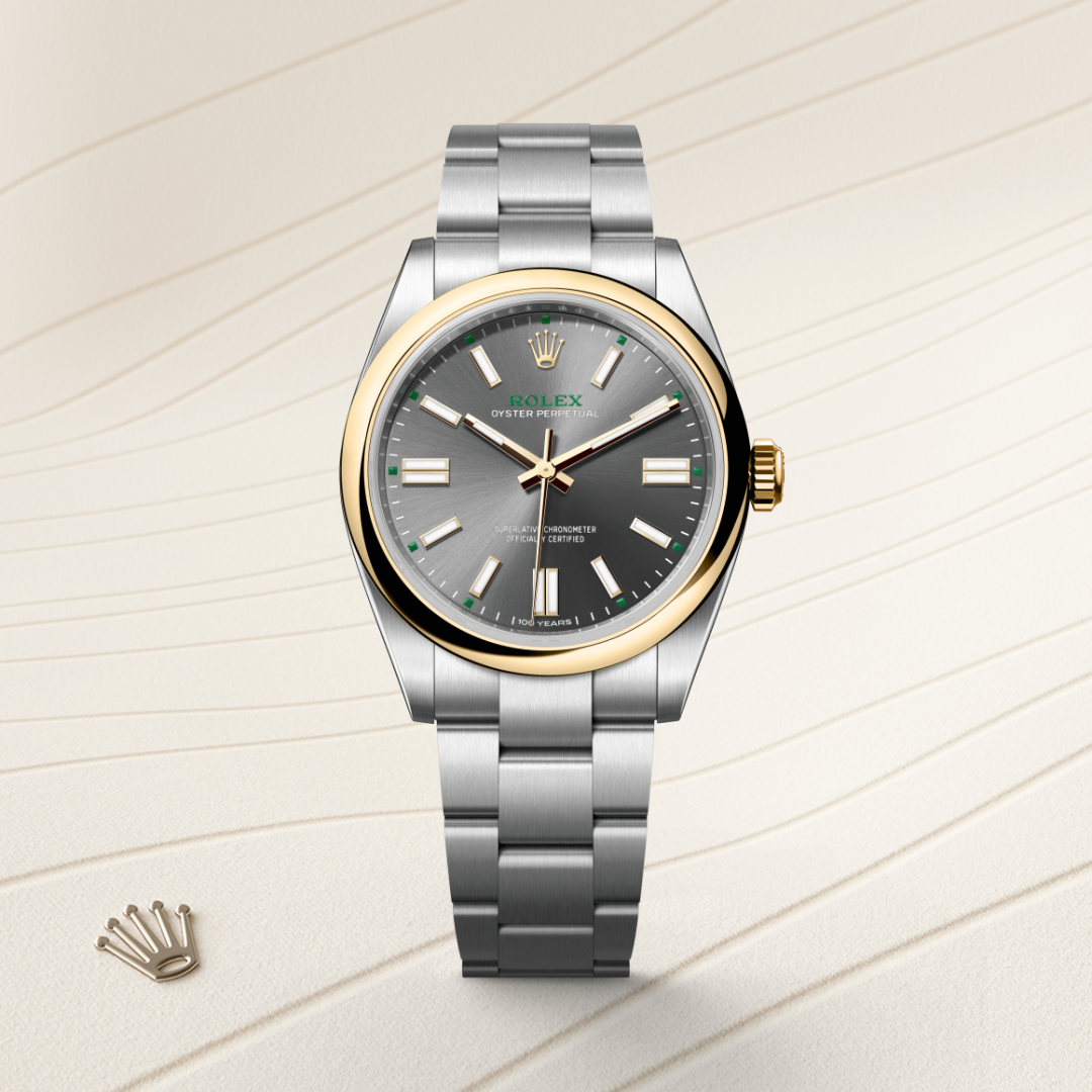 rolex oyster perpetual in yellow rolesor - combination of oystersteel and yellow gold, m134303-0001 - watch with background color - ben bridge