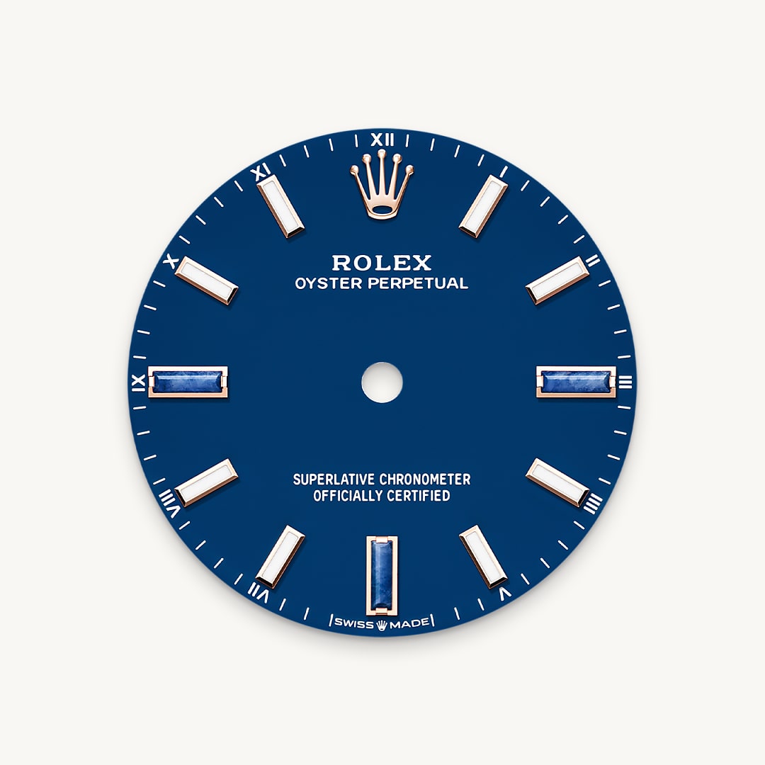 rolex oyster perpetual in 18 ct everose gold, m124205-0002 - blue stone dial - ben bridge