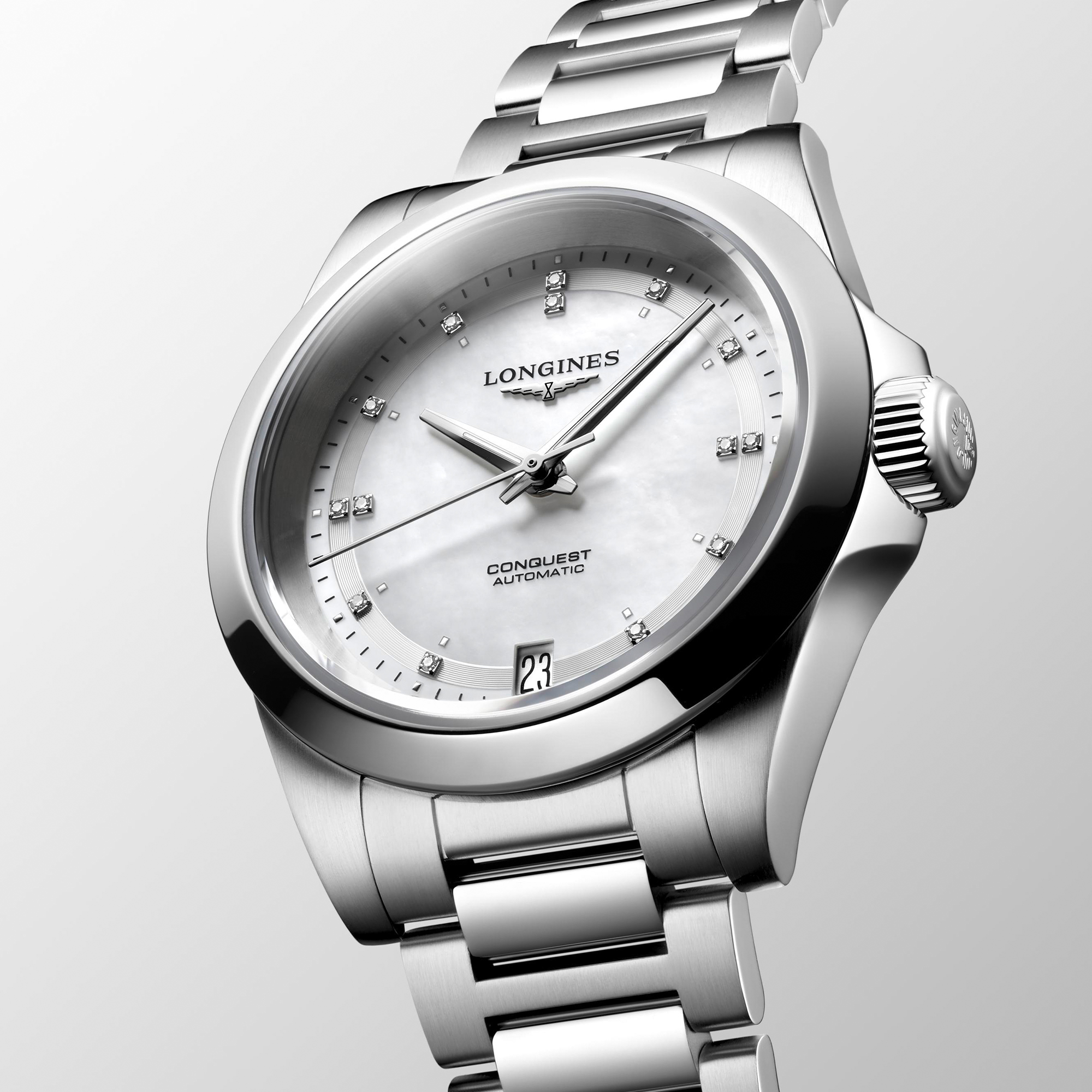 Longines Conquest Automatic Diamond White Mother of Pearl Dial Watch, 34mm