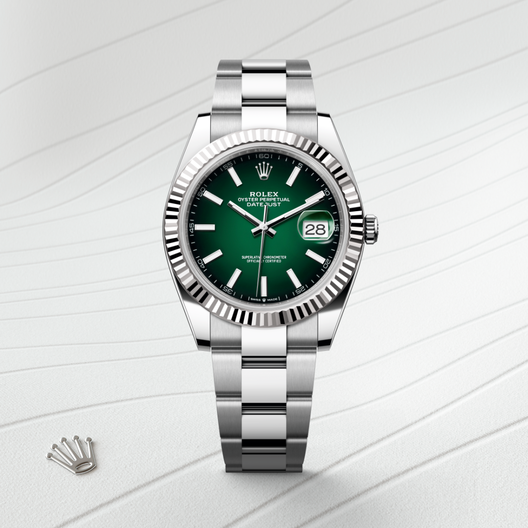 rolex datejust in white rolesor - combination of oystersteel and white gold, m126334-0033 - watch with background color - ben bridge