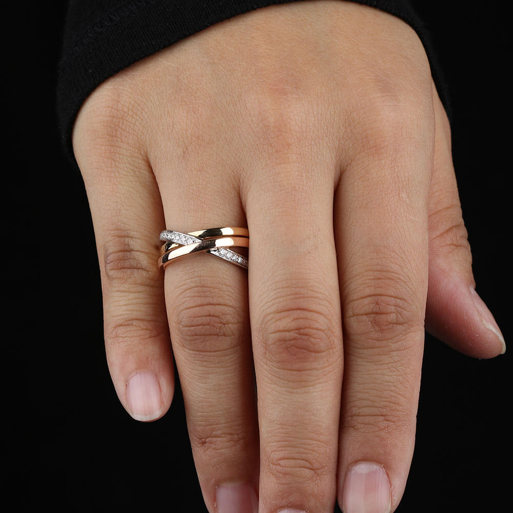 Tri-Color Crossover Diamond Band 14K