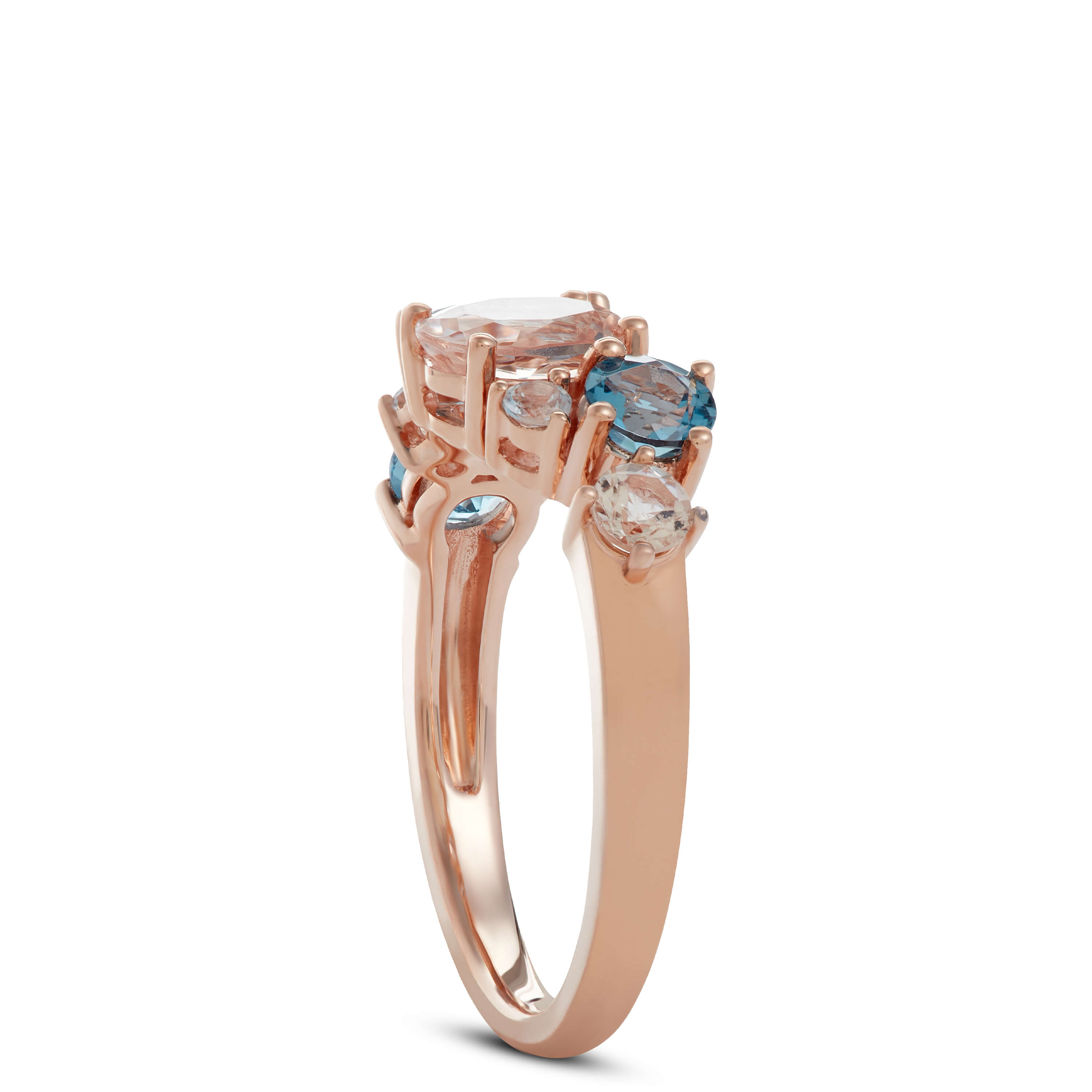 Rose Gold Scattered Cluster Morganite & Blue Topaz Band 14K