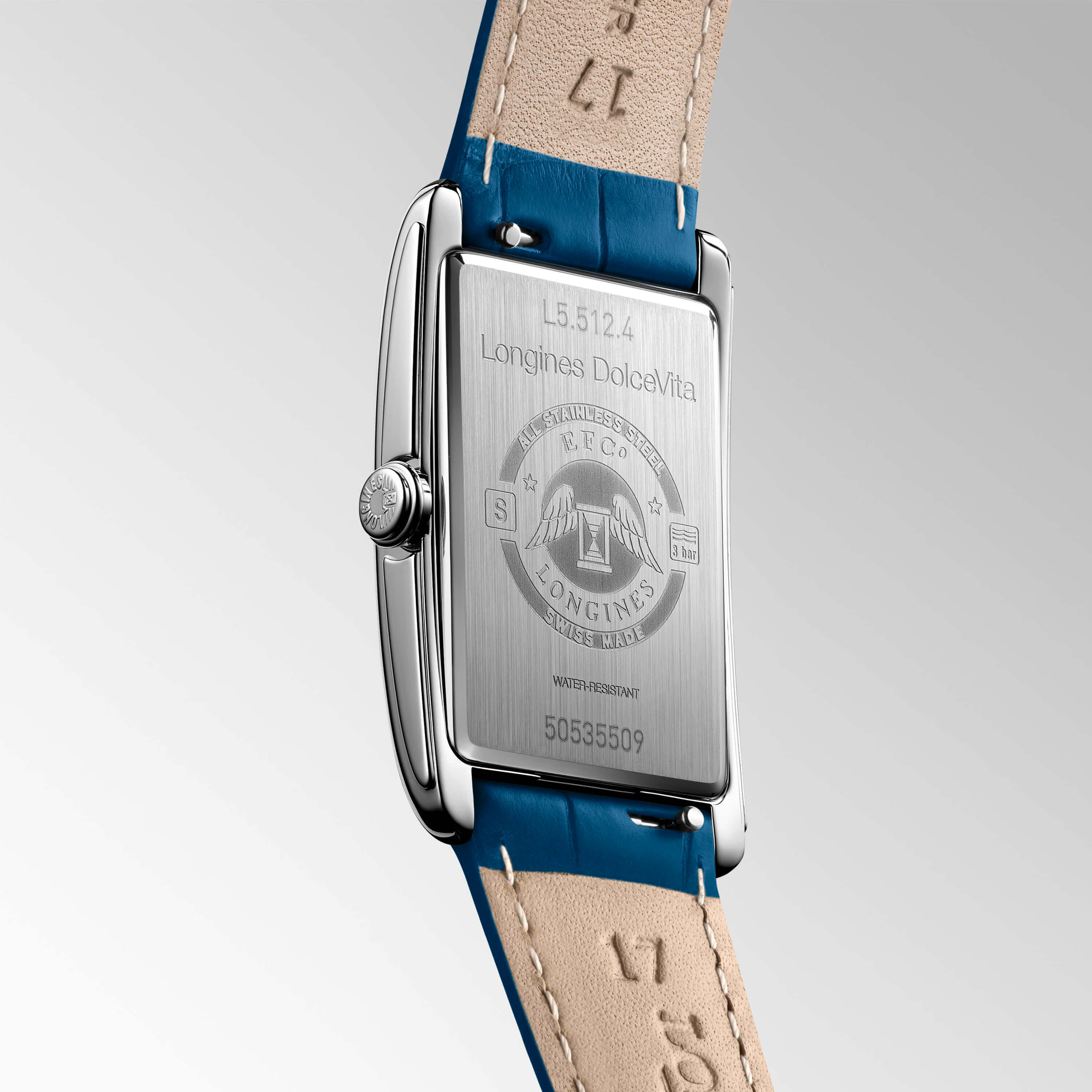 Longines DolceVita Watch Rectangle Blue Dial Blue Leather Strap, 23mm