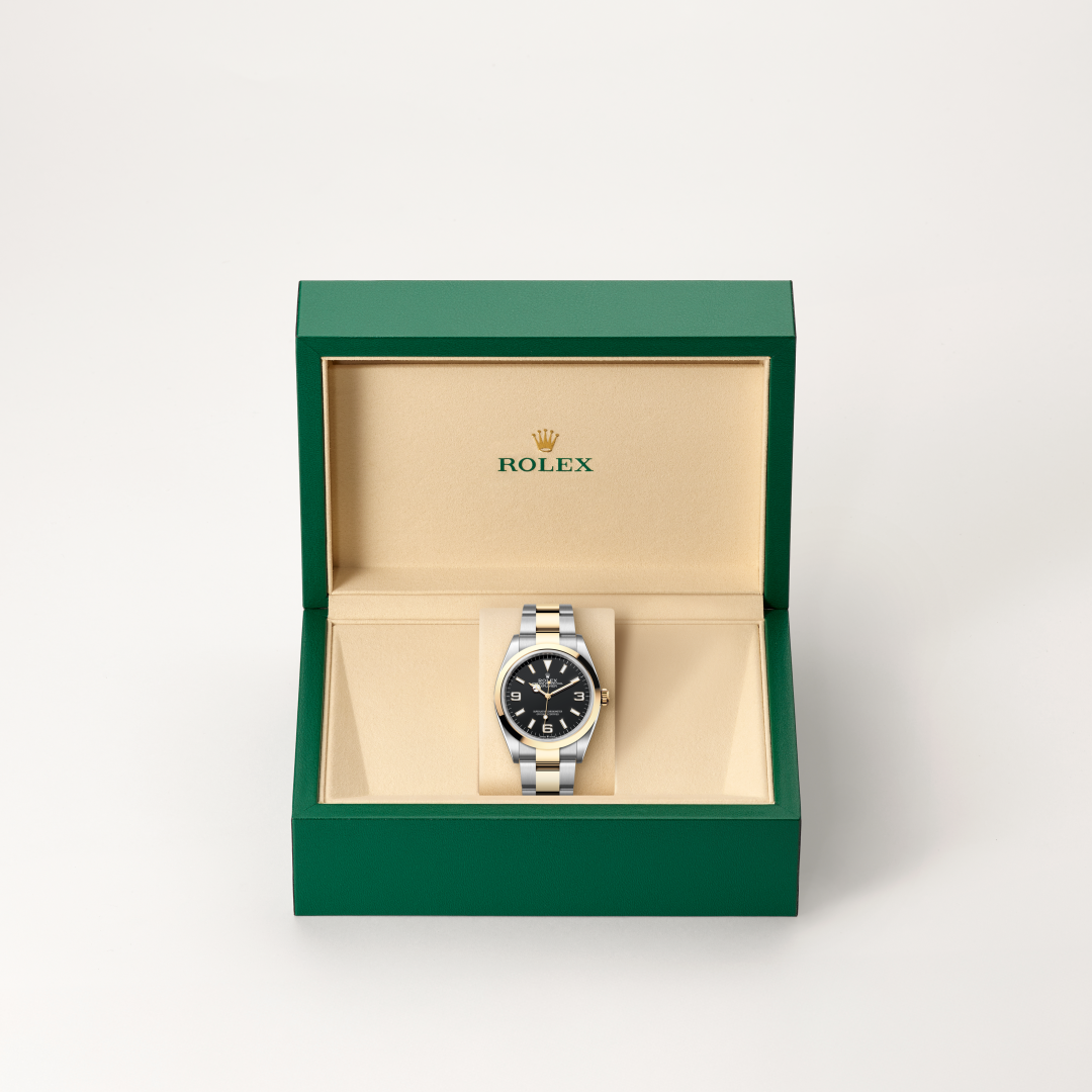 rolex explorer in yellow rolesor - combination of oystersteel and yellow gold, m124273-0001 - in rolex box - ben bridge