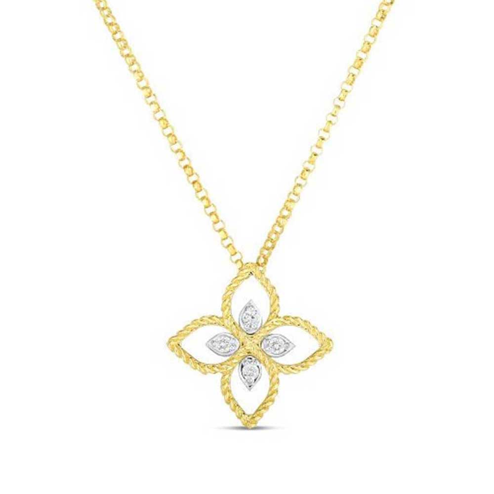 Roberto Coin Princess Flower Small Yellow Gold Diamond Pendant Necklace 1/6ctw