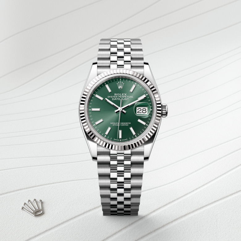 rolex datejust in white rolesor - combination of oystersteel and white gold, m126234-0051 - watch with background color - ben bridge