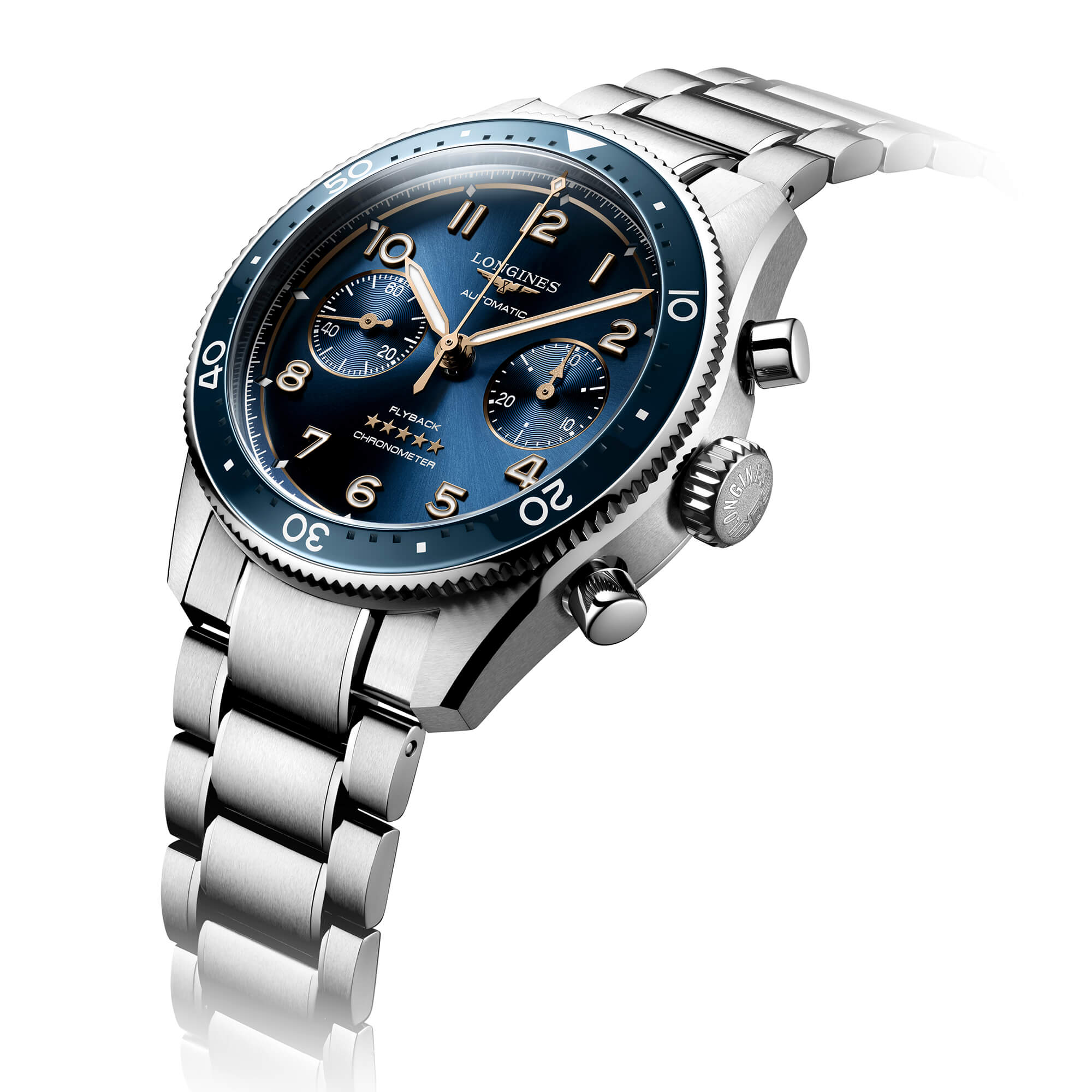 Longines Spirit Chronograph Watch Blue Dial Steel Bracelet, 42mm