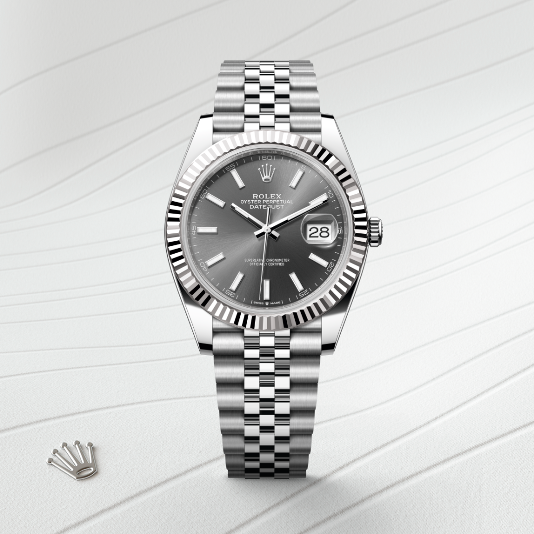 rolex datejust in white rolesor - combination of oystersteel and white gold, m126334-0014 - watch with background color - ben bridge