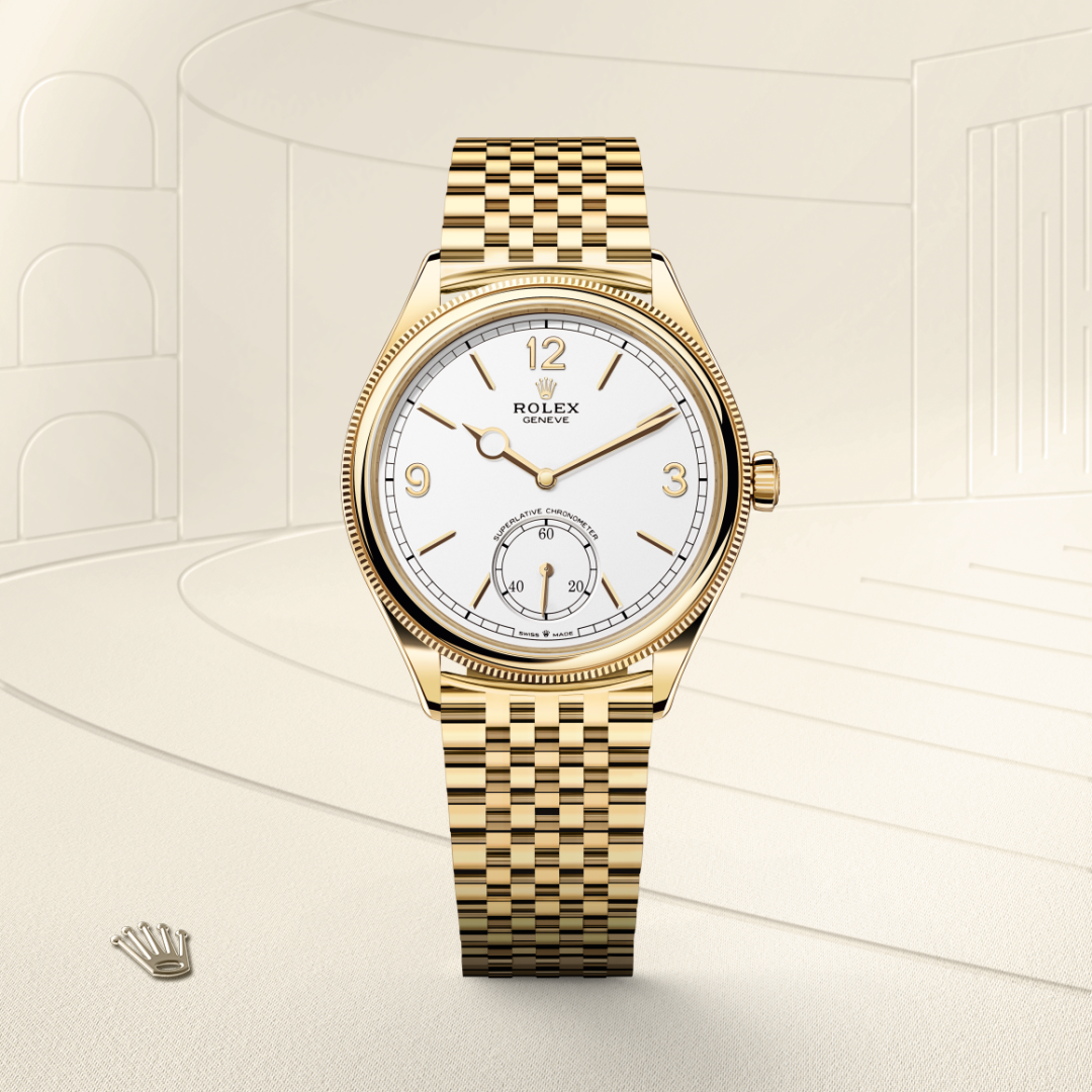 rolex 1908 in 18 ct yellow gold, m52508-0008 - watch with background color - ben bridge