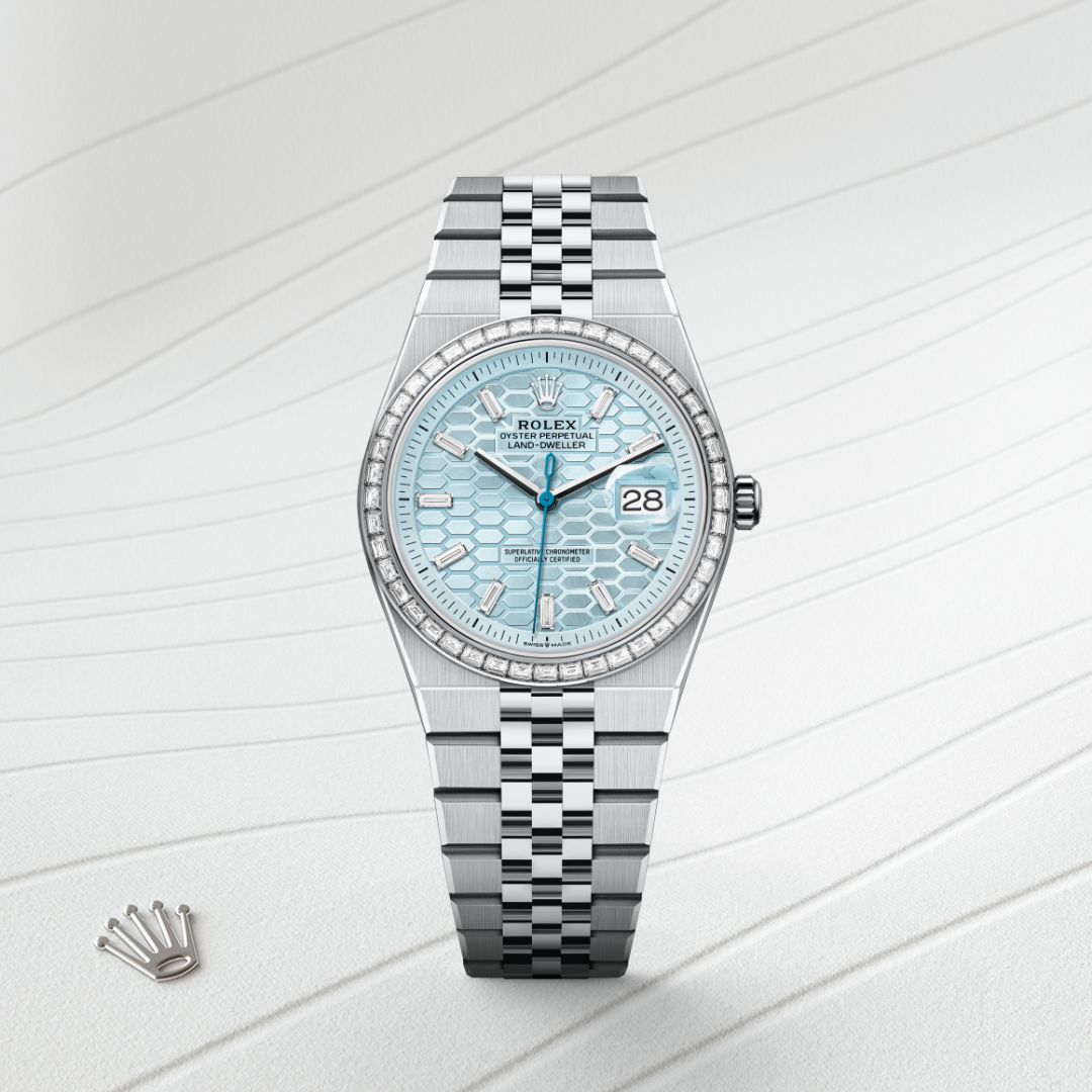 rolex land-dweller in platinum, m127286tbr-0001 - watch with background color - ben bridge